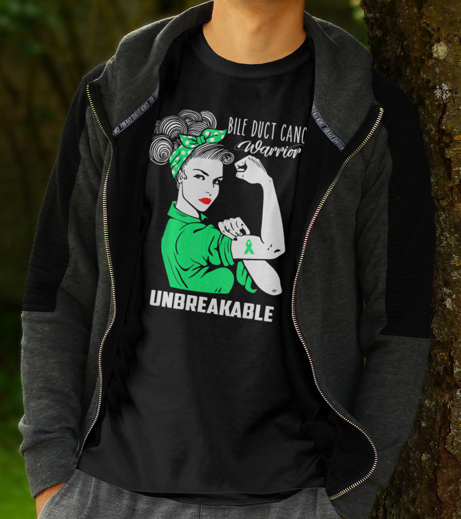 Bile Duct Cancer Warrior Unbreakable Rosie The Riveter Style With Awareness T-Shirt