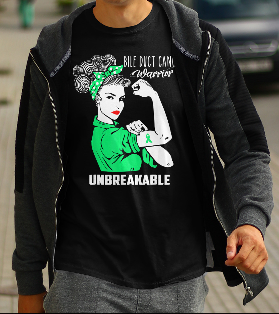 Bile Duct Cancer Warrior Unbreakable Rosie The Riveter Style With Awareness T-Shirt