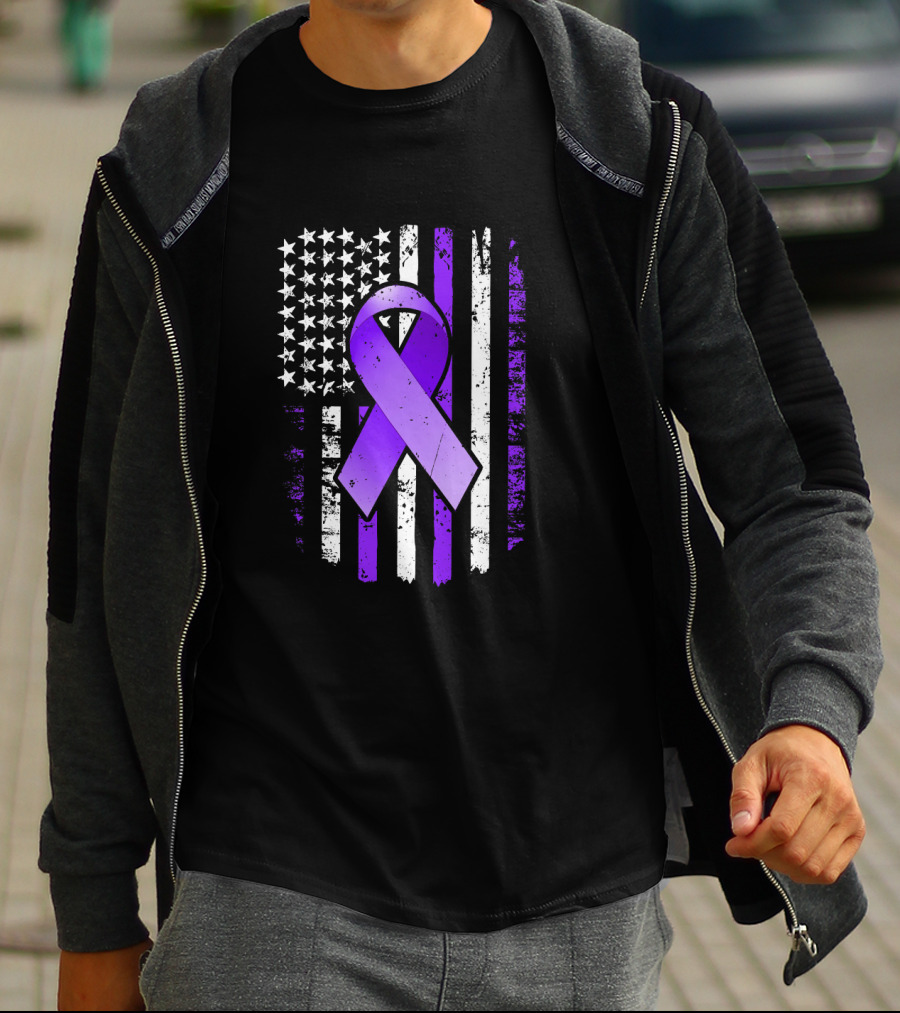 American Flag Purple Ribbon Pancreatic Cancer Awareness T-Shirt