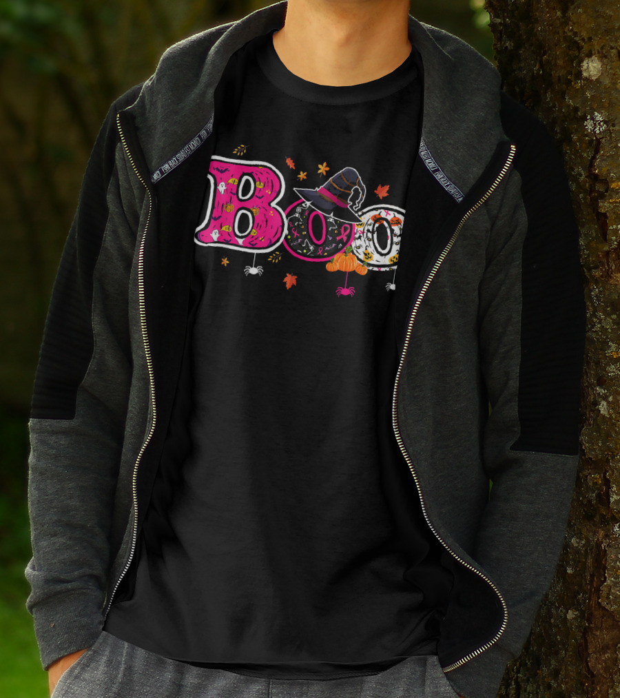 Boo Halloween Breast Cancer Awareness Witch Hat Ribbon Pumpkins Spiders Leaves T-Shirt