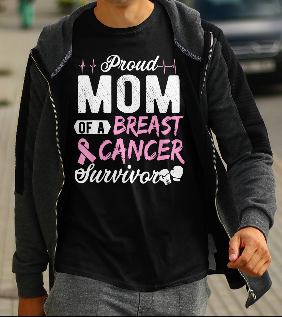 Proud Mom Of A Breast Cancer Survivor Pink Ribbon And Boxing Gloves T-Shirt