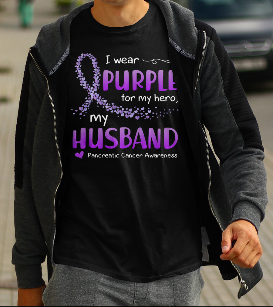 I Wear Purple For My Hero Husband Pancreatic Cancer Awareness T-Shirt