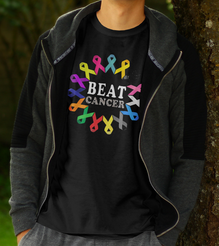 BEAT CANCER Multicolored Awareness Ribbons T-Shirt