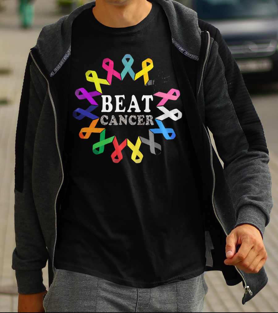 BEAT CANCER Multicolored Awareness Ribbons T-Shirt