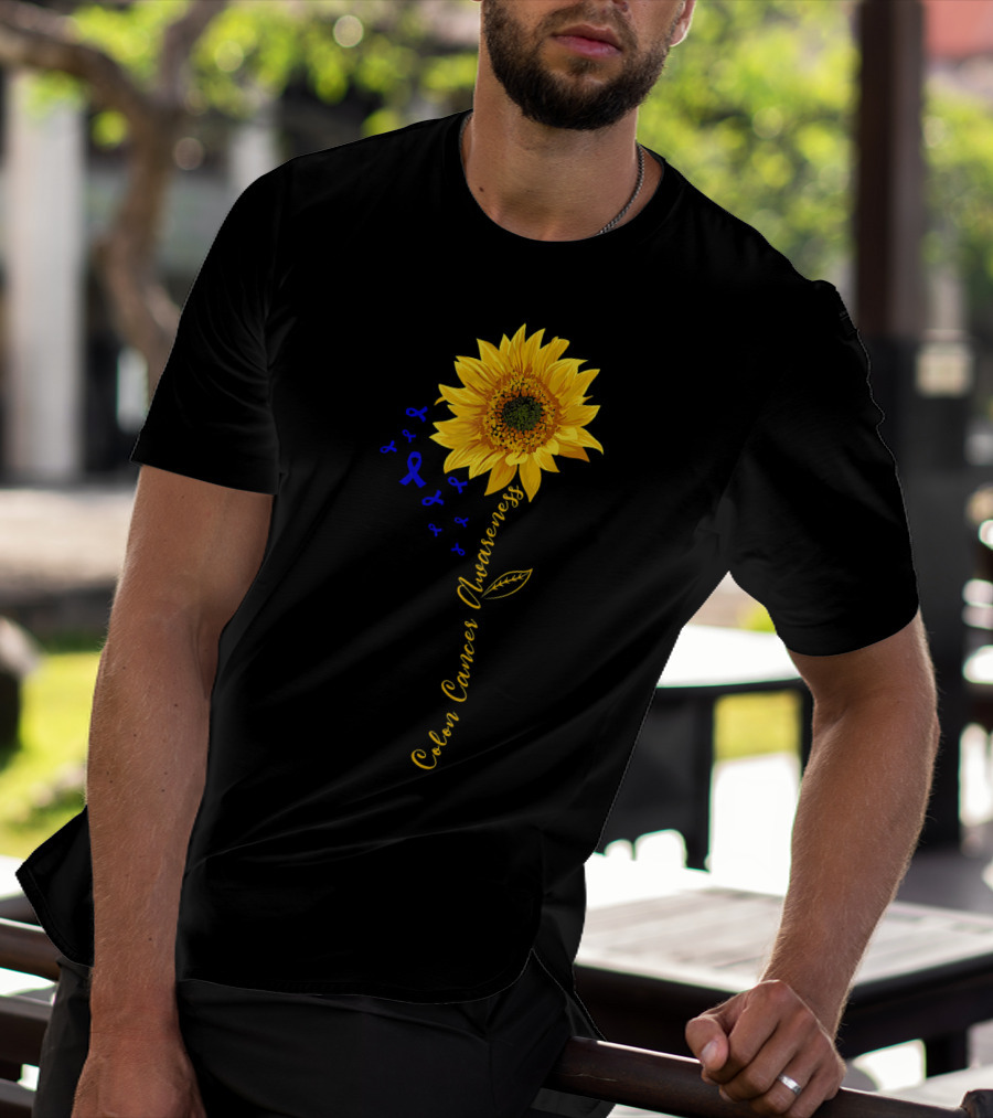 Hippie Sunflower Colon Cancer Awareness Sunflower With Blue Ribbons T-Shirt