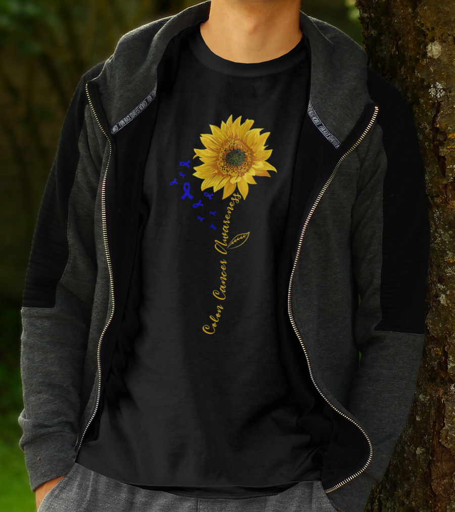 Hippie Sunflower Colon Cancer Awareness Sunflower With Blue Ribbons T-Shirt