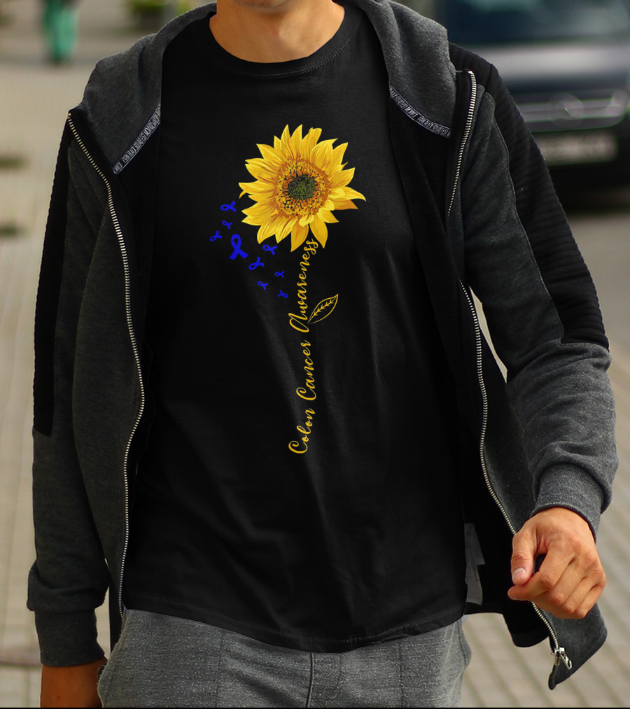 Hippie Sunflower Colon Cancer Awareness Sunflower With Blue Ribbons T-Shirt