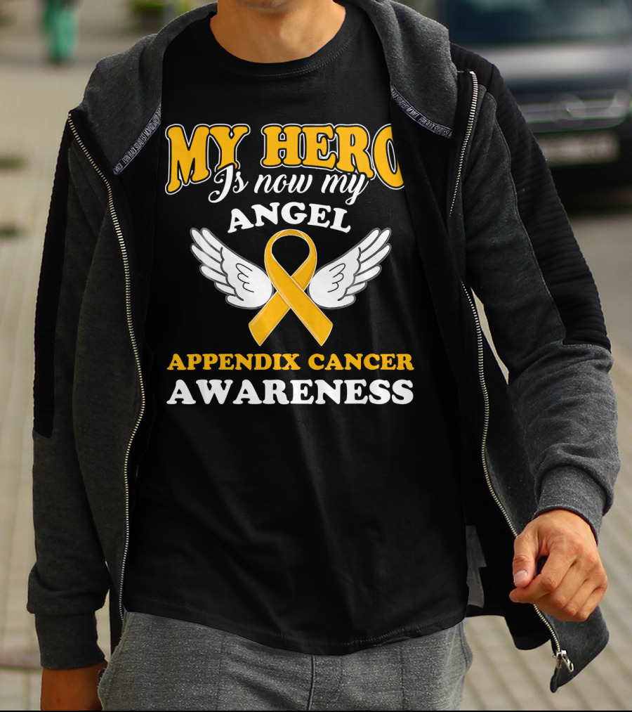 My Hero Is Now My Angel Appendix Cancer Awareness Yellow Ribbon Wings T-Shirt