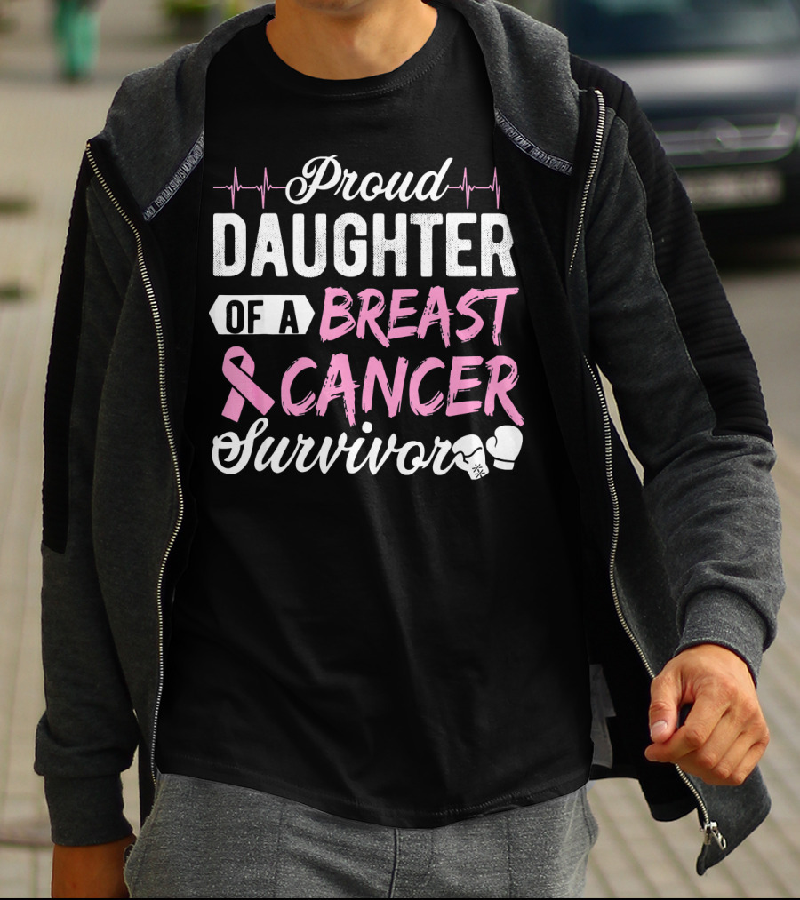 Proud Daughter Of A Breast Cancer Survivor Pink Ribbon Boxing Gloves T-Shirt