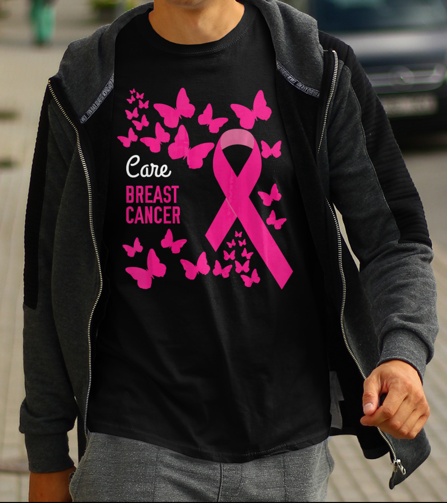 Care Breast Cancer Pink Ribbon Awareness With Butterfly Support T-Shirt