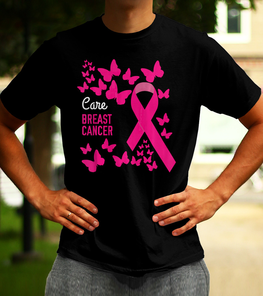 Care Breast Cancer Pink Ribbon Awareness With Butterfly Support T-Shirt