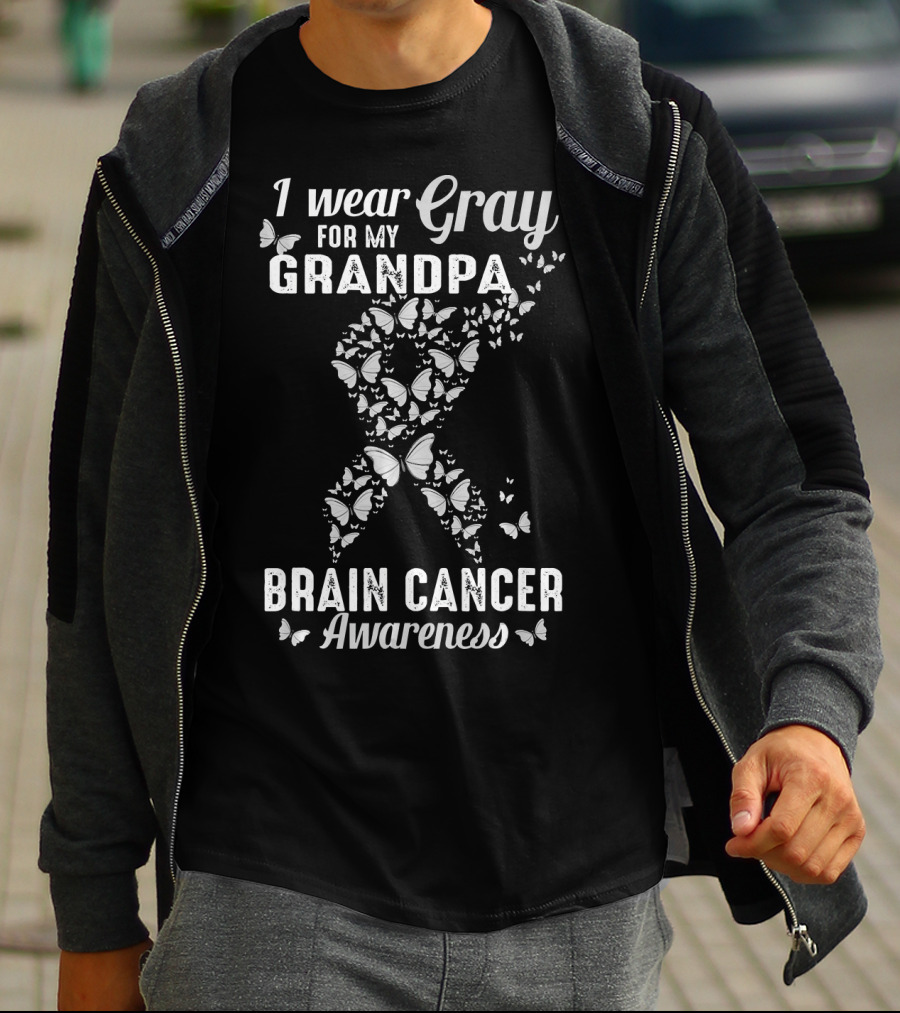 I Wear Gray For My Grandpa Brain Cancer Awareness Butterflies T-Shirt