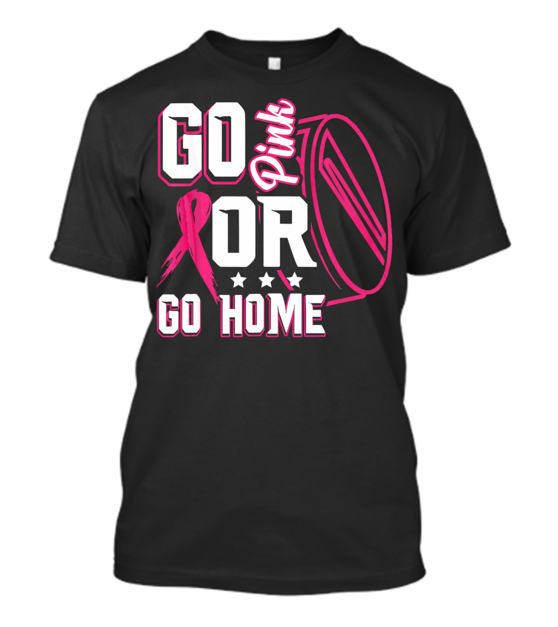Go Pink Or Go Home Breast Cancer Hockey Awareness With Ribbon And Puck T-Shirt