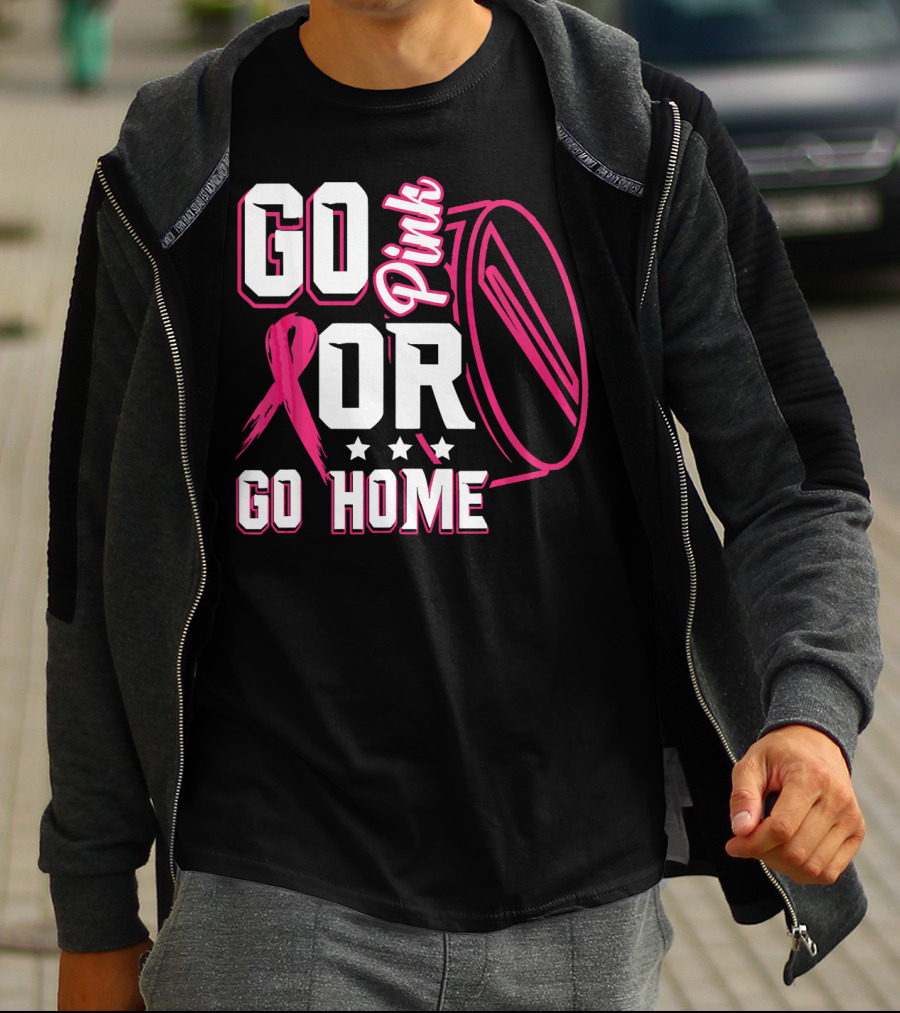 Go Pink Or Go Home Breast Cancer Hockey Awareness With Ribbon And Puck T-Shirt