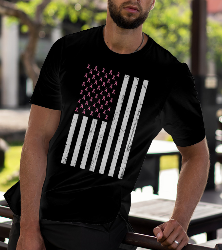 American Flag Pink Ribbons Breast Cancer Awareness T-Shirt