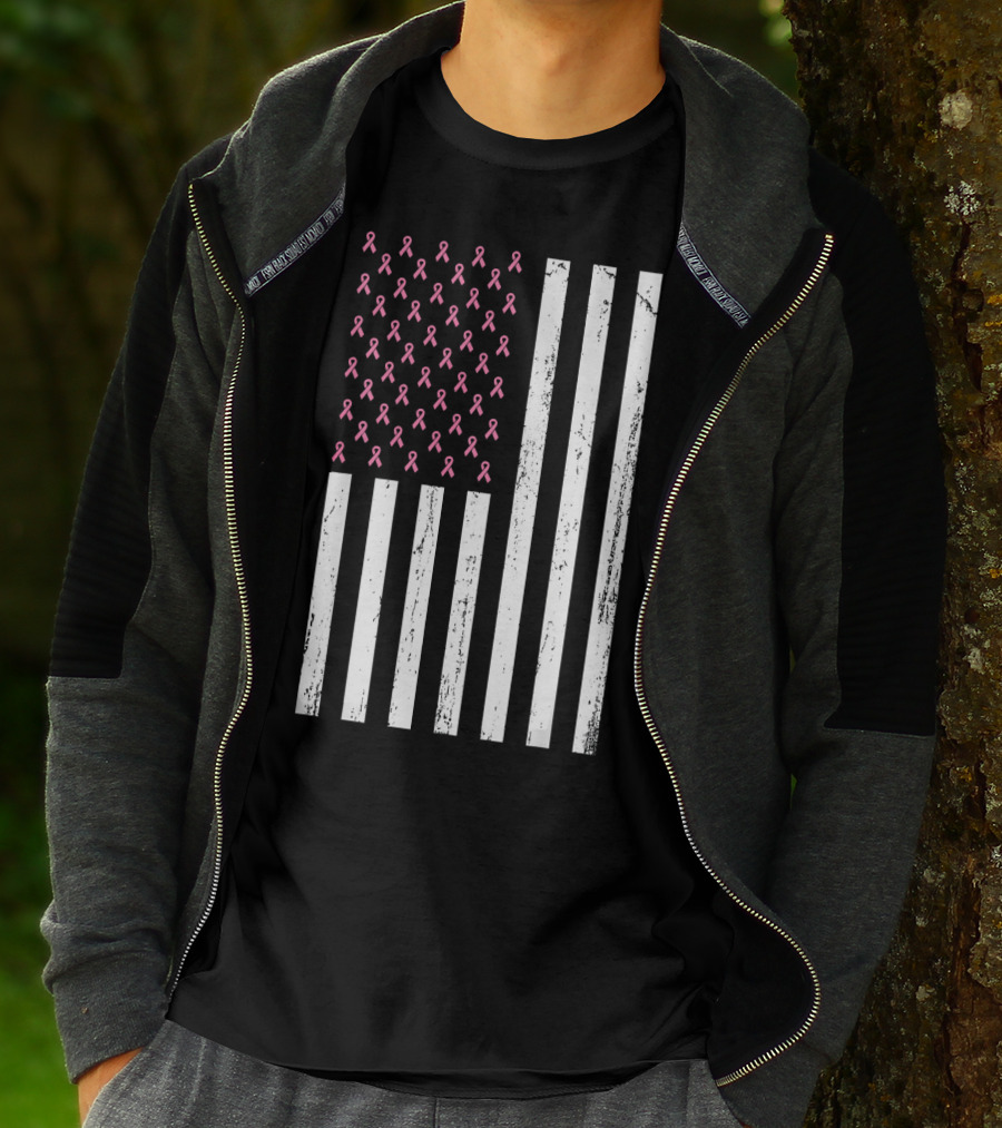 American Flag Pink Ribbons Breast Cancer Awareness T-Shirt