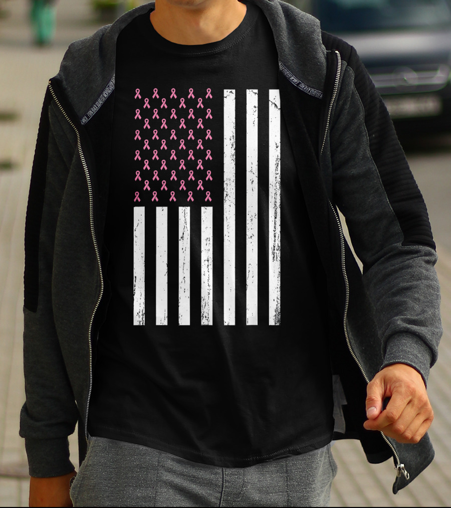 American Flag Pink Ribbons Breast Cancer Awareness T-Shirt