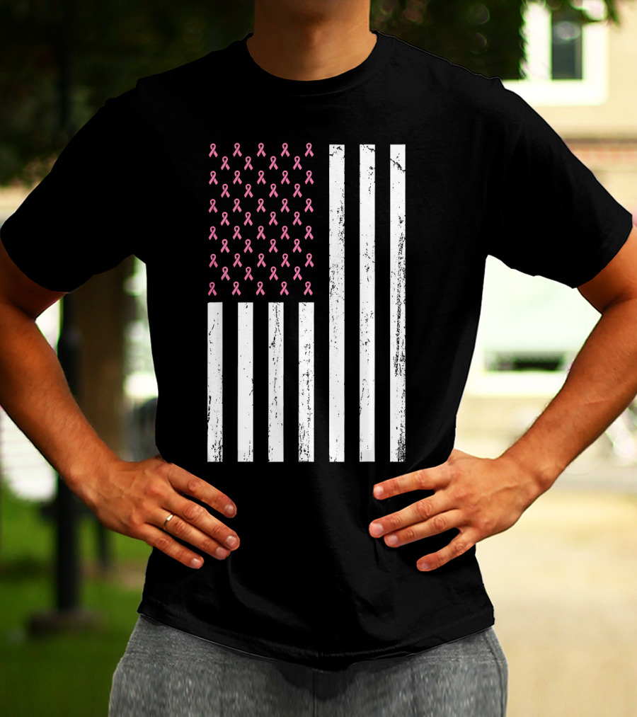 American Flag Pink Ribbons Breast Cancer Awareness T-Shirt