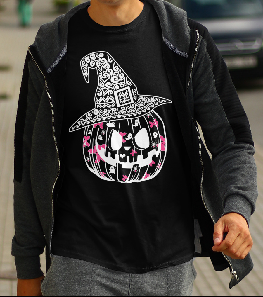 Halloween Carved Pumpkin With Pink Ribbon And Witch Hat For Breast Cancer Awareness T-Shirt