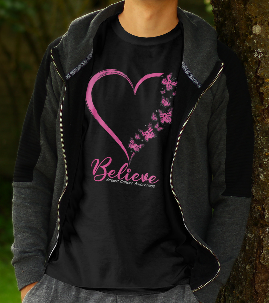 Believe Heart And Pink Butterflies Breast Cancer Awareness T-Shirt