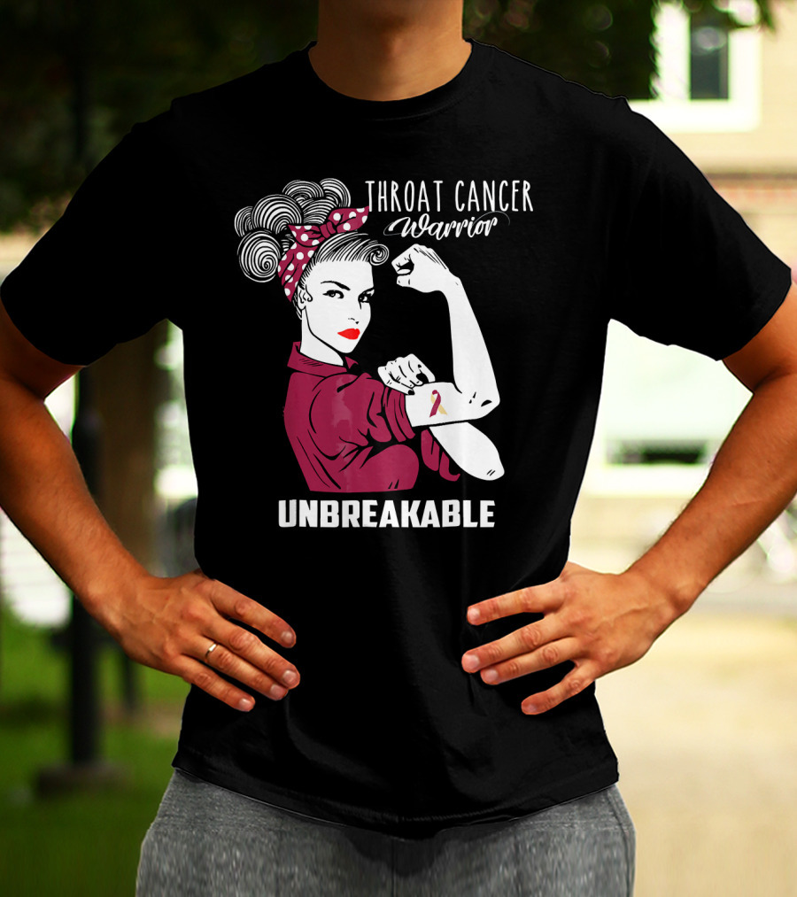 Throat Cancer Warrior Unbreakable Rosie The Riveter Ribbon Empowerment T-Shirt