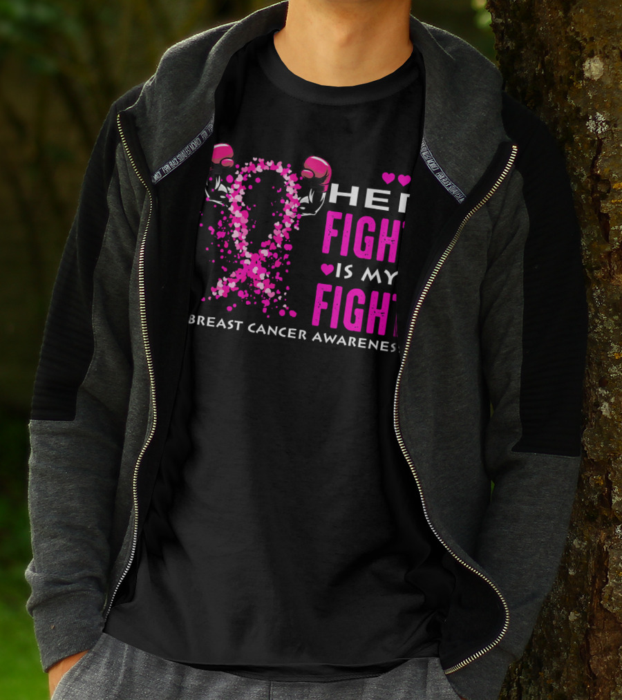 Her Fight Is My Fight Breast Cancer Awareness Boxing Gloves Hearts T-Shirt