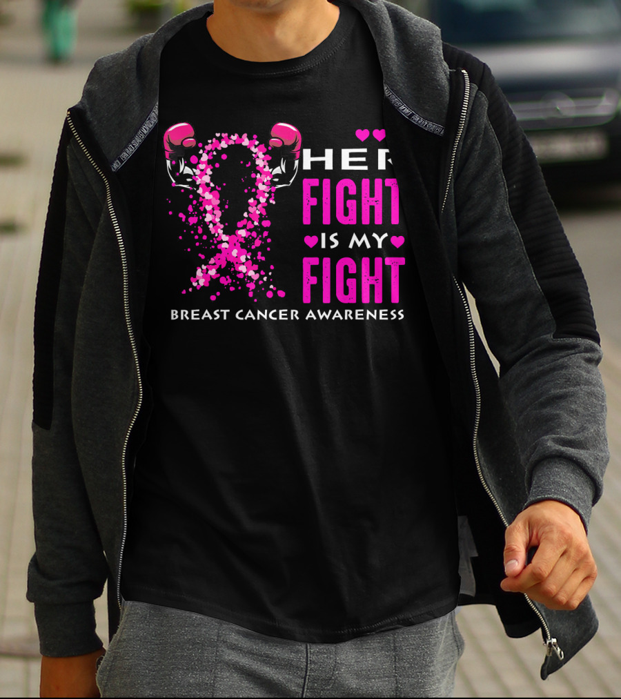 Her Fight Is My Fight Breast Cancer Awareness Boxing Gloves Hearts T-Shirt