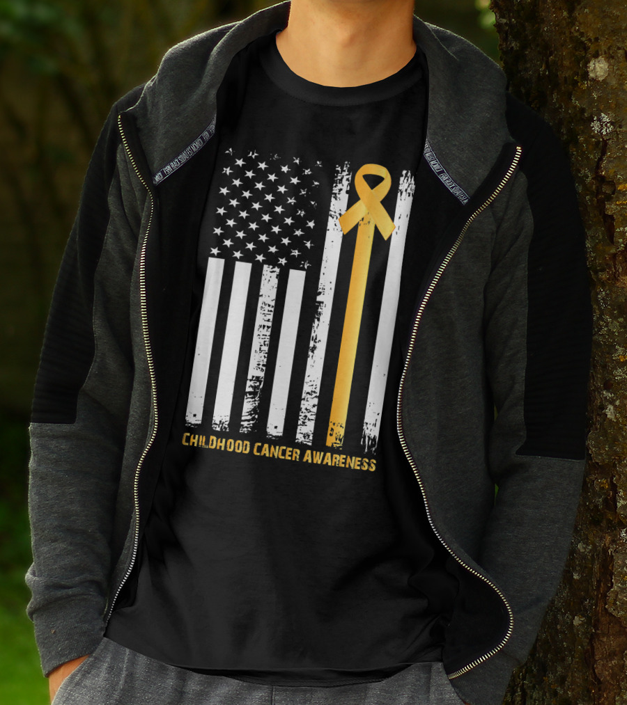 Childhood Cancer Awareness Gold Ribbon American Flag T-Shirt