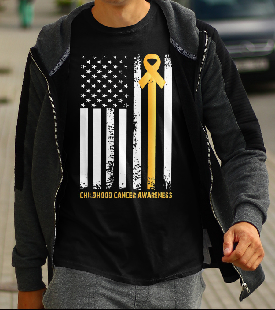 Childhood Cancer Awareness Gold Ribbon American Flag T-Shirt