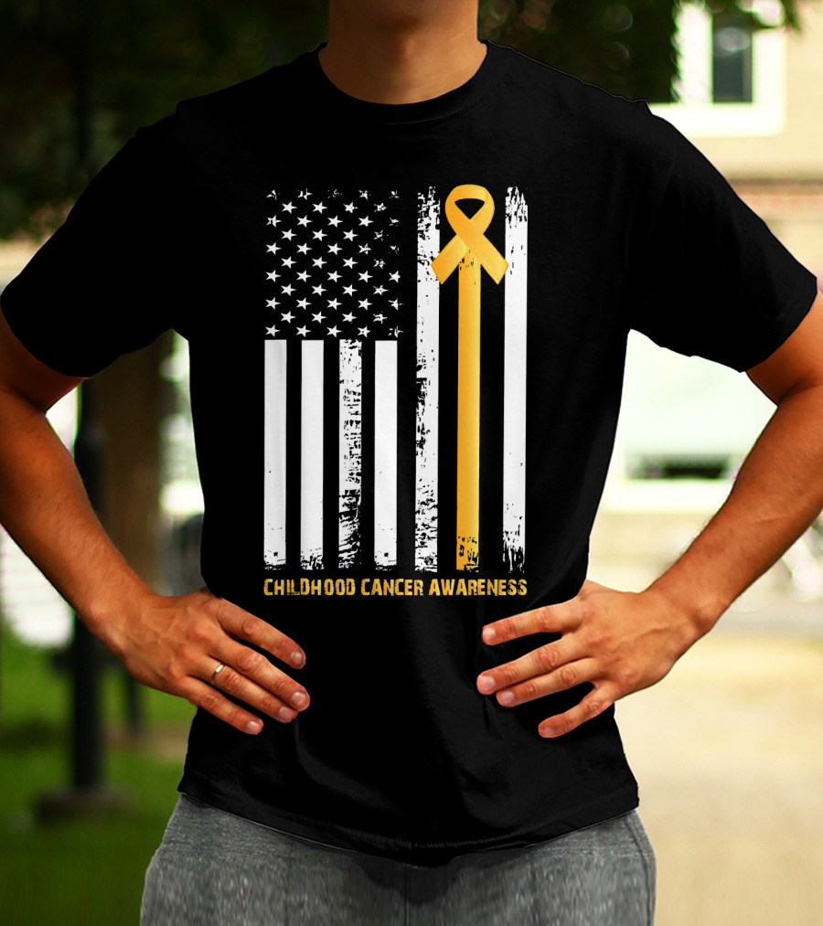 Childhood Cancer Awareness Gold Ribbon American Flag T-Shirt