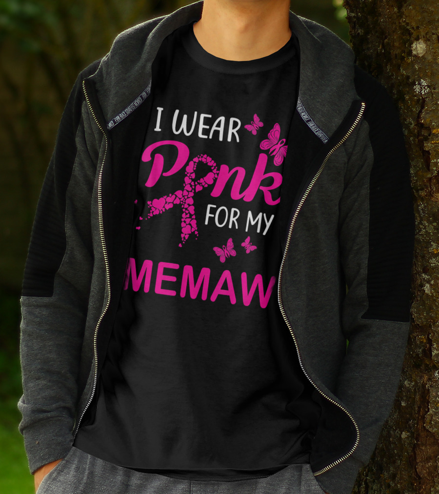 I Wear Pink For My Memaw Butterfly Heart Ribbon Breast Cancer T-Shirt