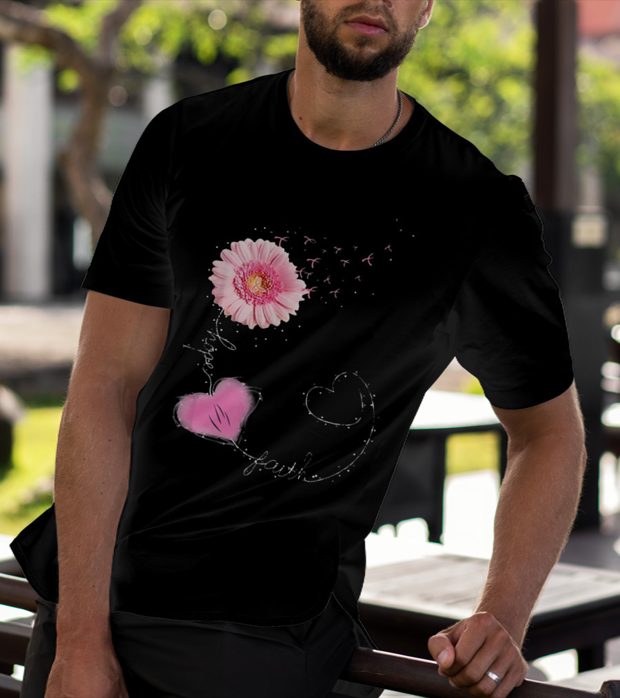 Hope Faith Pink Flower Hearts Breast Cancer Awareness T-Shirt