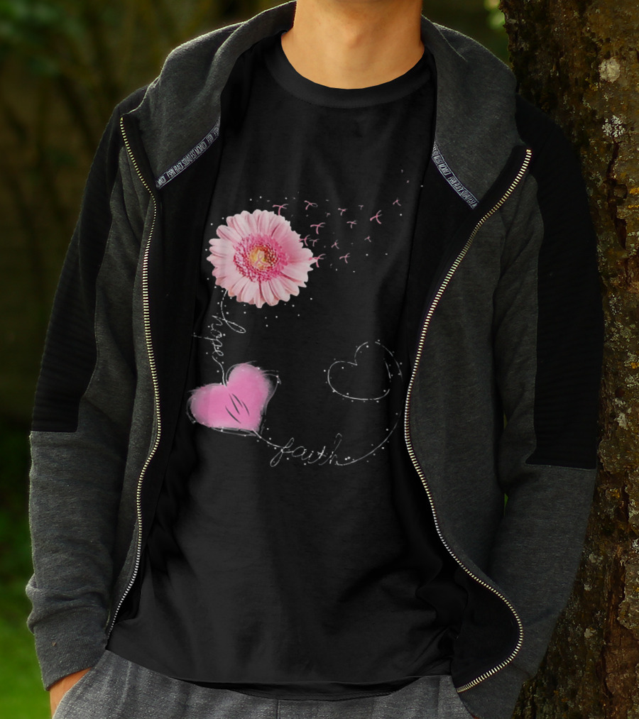 Hope Faith Pink Flower Hearts Breast Cancer Awareness T-Shirt