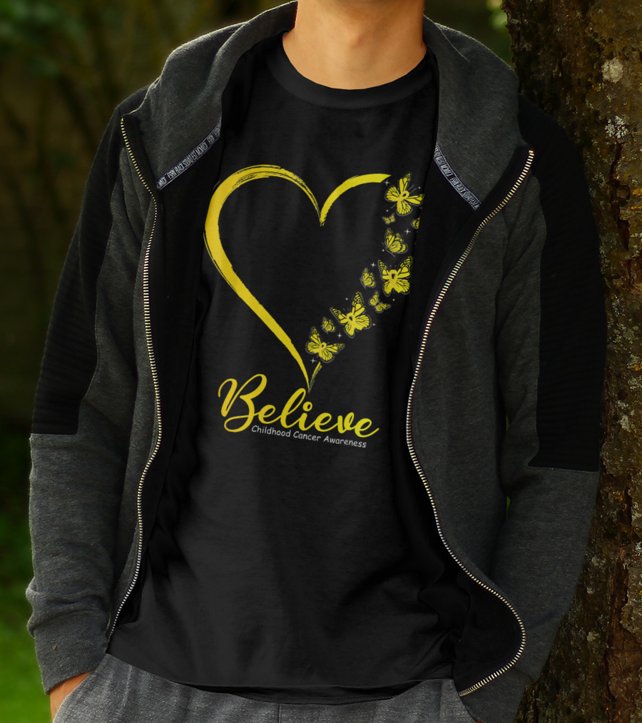 Believe Butterfly Heart Childhood Cancer Awareness T-Shirt