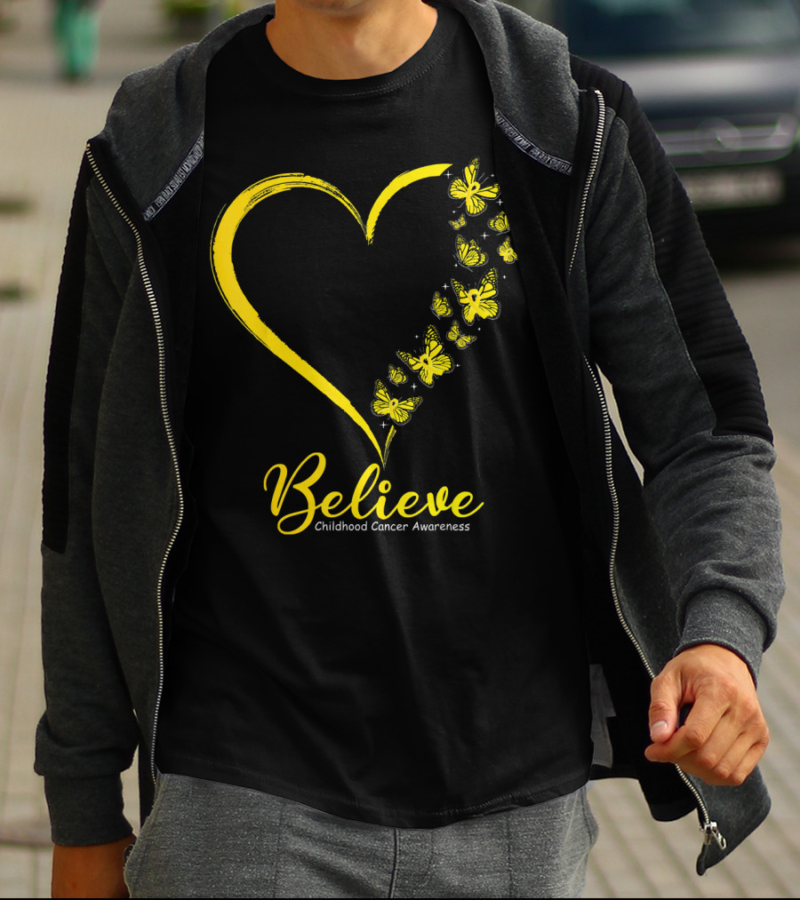 Believe Butterfly Heart Childhood Cancer Awareness T-Shirt