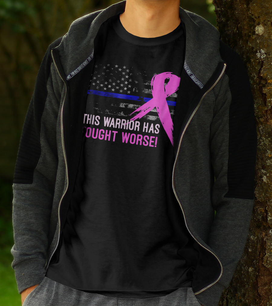 Thin Blue Line American Flag Pink Ribbon This Warrior Has Fought Worse T-Shirt