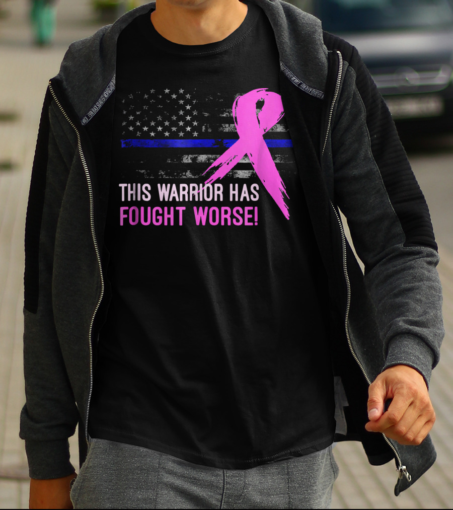 Thin Blue Line American Flag Pink Ribbon This Warrior Has Fought Worse T-Shirt