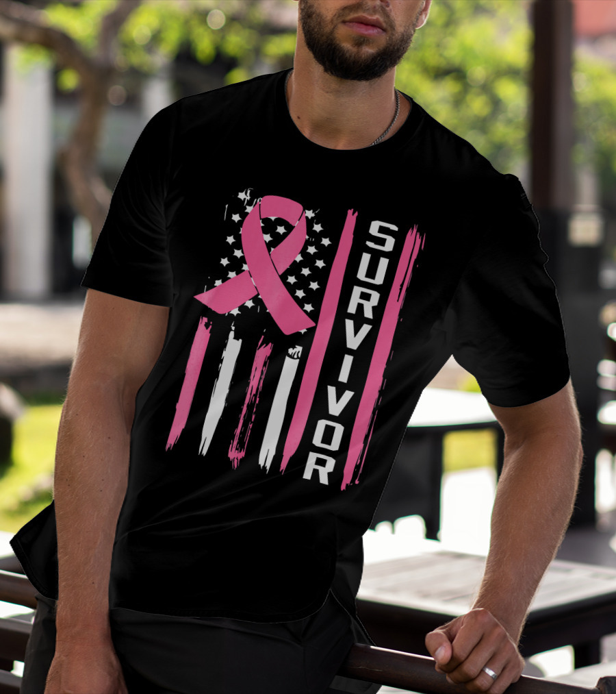 Survivor Breast Cancer Ribbon American Flag T-Shirt