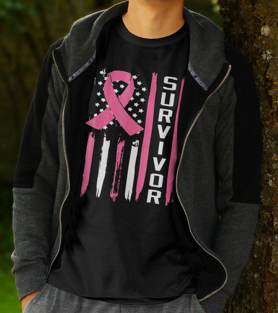 Survivor Breast Cancer Ribbon American Flag T-Shirt