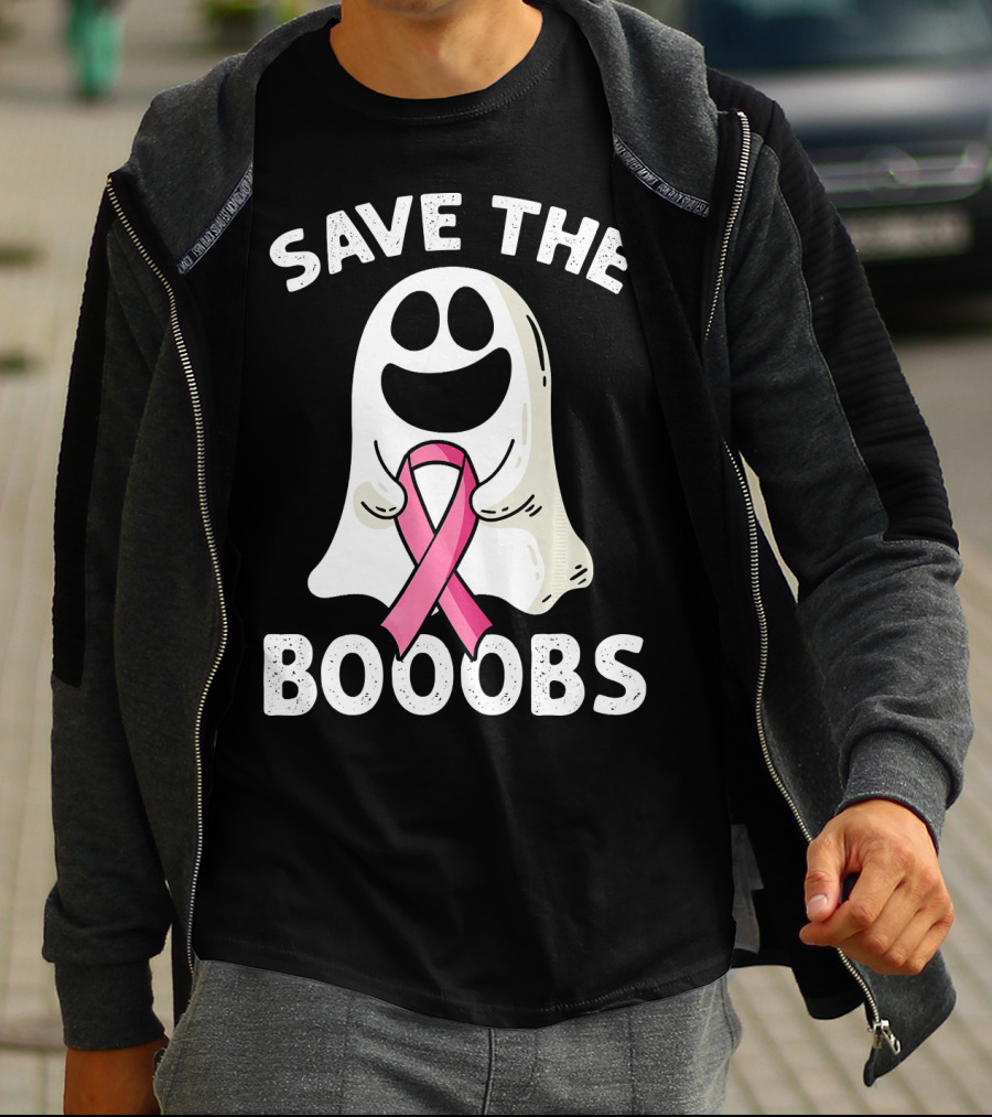 Save The Boooobs Funny Ghost Pink Ribbon Breast Cancer Awareness T-Shirt