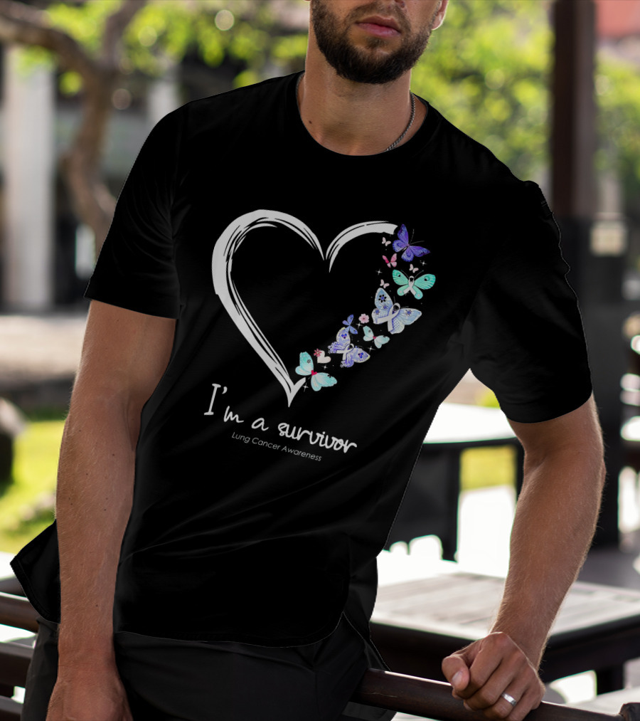 I'm A Survivor Lung Cancer Awareness Heart With Butterflies T-Shirt