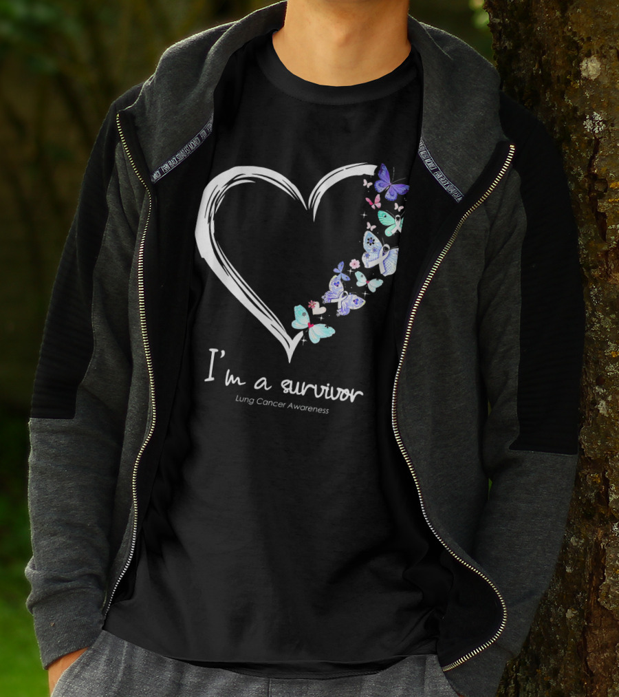 I'm A Survivor Lung Cancer Awareness Heart With Butterflies T-Shirt