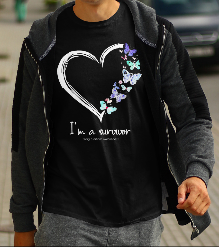 I'm A Survivor Lung Cancer Awareness Heart With Butterflies T-Shirt