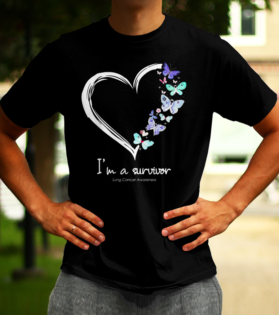I'm A Survivor Lung Cancer Awareness Heart With Butterflies T-Shirt