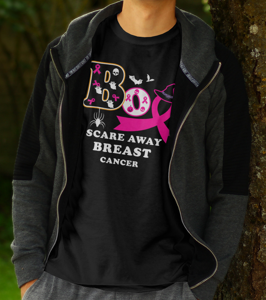 Halloween Boo With Pink Ribbon Scare Away Breast Cancer T-Shirt