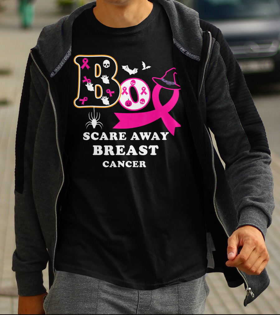 Halloween Boo With Pink Ribbon Scare Away Breast Cancer T-Shirt