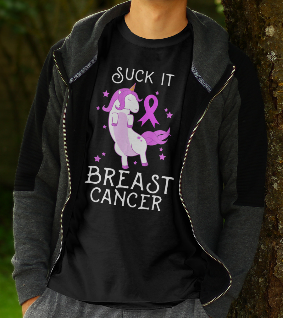 Suck It Breast Cancer Unicorn Awareness Ribbon Stars T-Shirt