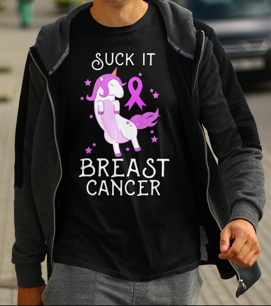 Suck It Breast Cancer Unicorn Awareness Ribbon Stars T-Shirt