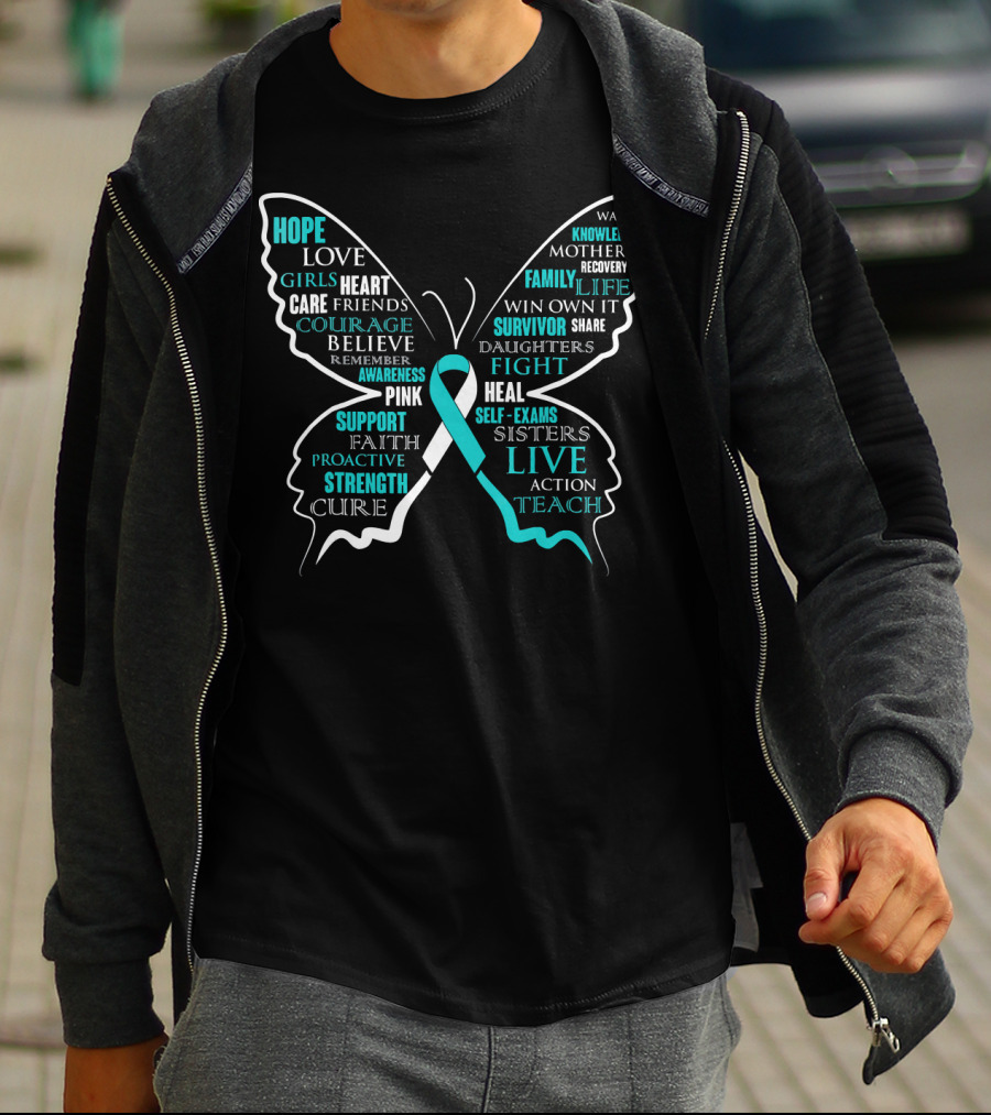 Hope Faith Courage Love Butterfly Cervical Cancer Awareness T-Shirt