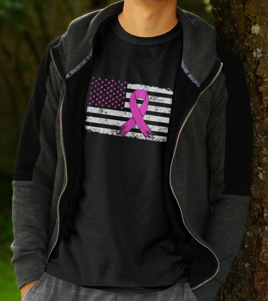 Distressed Pink Ribbon Breast Cancer Awareness American Flag T-Shirt